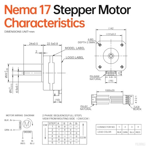 Moteur pas à pas Nema 17 bipolaire 42mm 1.8 degré avec câble 1m lot de 3