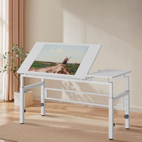 phosir Mesa de dibujo blanca – Altura regulable 77 – 100 cm, inclinación 0-60°, 4 patas niveladoras – Mesa de trabajo para oficina, estudio, sala de dibujo