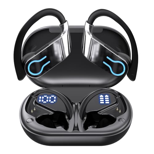 Auriculares Inalámbricos Deportivos Bluetooth 5.3 con Pantalla LED y 120H, Cascos Inalámbricos Bluetooth con Gancho para Running y Gimnasio, Auriculares Deportivos 4 Micrófonos ENC IPX7 Impermeable