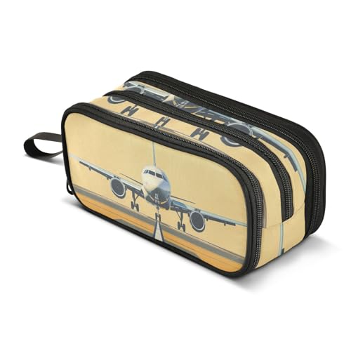 Image of Airplane on Airport Pencil Case Large Capacity Pencil Pouch Boys Girls 3 Compartment Pen Bag School Office Stationery Organizer
