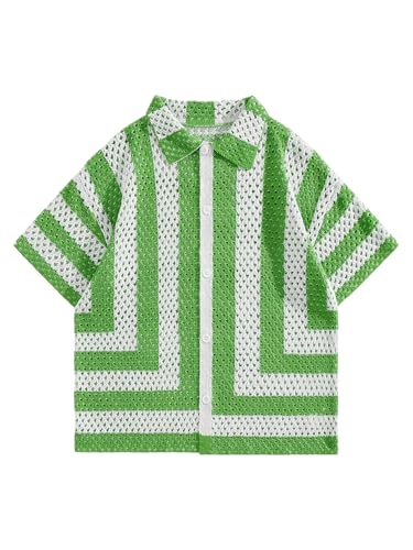 Verdusa Men's Short Sleeve Hollow Out Knit Shirts Collar Button Up Striped Sweater