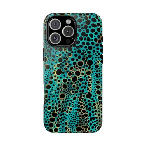 Coque iPhone 16 Pro Max turquoise et noir à pois abstraits résistante et brillante