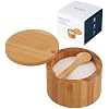Bamboo Salt Cellar Bowl Box with Swivel Magnetic Lid to Avoid Dust, Elegant Kitchen Salt Container Holder with to Storage Pepper Spice Bath & Sea Salts, 6OZ(Built-in Spoon)
