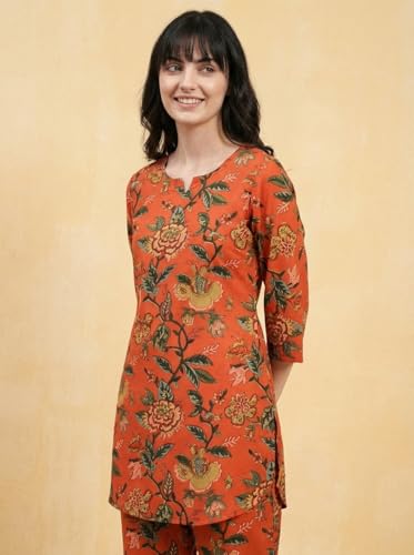 Image of Bee M Pee Designer Trendy Floral Printed Cotton Kurta Coord Sets for Women | Stylish Casual Tunic Kurti Set with Pant for Woman for Office