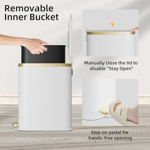 Image of KUK Small Bathroom Trash Can with Lid Soft Close, Step Pedal, 2.6 Gal Stainless Steel Garbage Can with Removable Inner Bucket, Anti-Fingerprint Wastebasket for Office, Bedroom, Toilet (White)