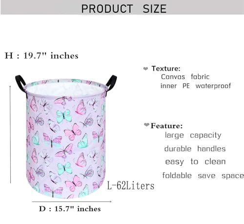 Image of Kids Laundry Hamper Clothes Gift Basket Storage Laundry Baskets Organizer Bin with Handles for Nursery Room (Purple Butterfly)