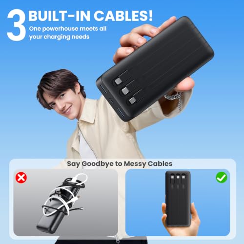 Image of Portable Charger 70800mAh Power Bank with 3 Built-in Cable,25W PD USB C Power Bank Fast Phone Charging,QC4.0 Travel Outdoor Essential Portable Phone Battery Pack for iPhone 17 /16 /15 /14,Galaxy Android