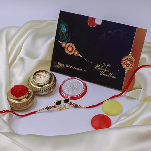 Image of Oblivion Fridge Magnet with Rakhi Set for Brother - Golden Color Elegant BHAI Design with Beads Rakhi with Fridge Magnet 2 Pc, Silver Color Coin & Greeting Card, Raksha Bandhan Combo for Bhai