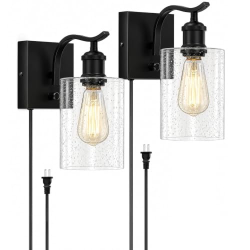 Sheenkarion Set of 2 Plug in Black Seeded Glass Wall Sconces, Dimmable Farmhouse Bathroom Wall Mount...