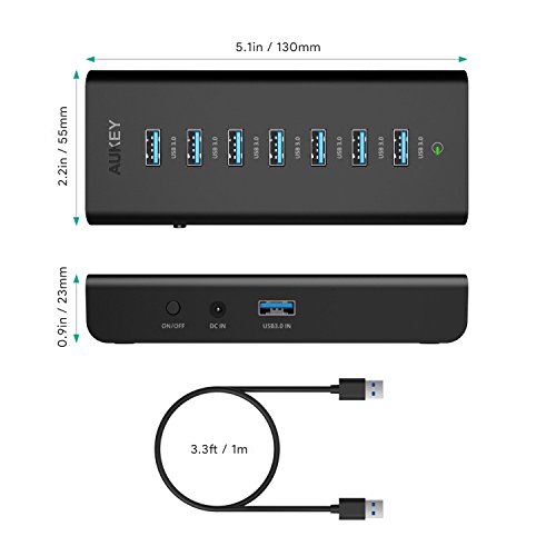 AUKEY Hub USB 3.0 7 Porte USB SuperSpeed 5Gbps con Adattatore d'Alimentazione 30W, On/off Switch e Cavo USB 3.3ft / 1m USB Hub per Windows XP/Vista / 7/8 / 10, Mac OS, Linux, ECC.