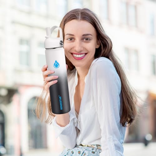 Image of SENDESTAR Water Bottle 32oz Double Wall Vacuum Insulated Leak Proof Stainless Steel Sports Water Bottle-Wide Mouth with New Flex Straw Lid & Spout Lid (Day&Night)