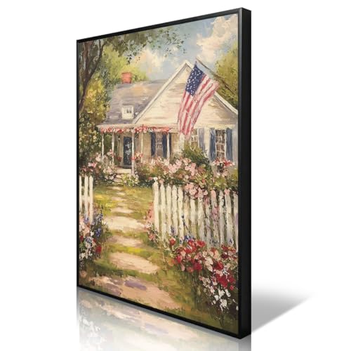 Image of American Flag Canvas Wall Art, 4th of July Patriotic Poster Print, Summer Americana Cottage Landscape Picture, Farmhouse Independence Day Wall Decor for Bedroom Living Room 16x24in Wrapped Canvas