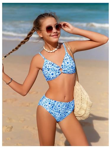 Image of OYOANGLE Girl's 3 Piece Bikini Sets Floral Print Spaghetti Straps Cute Swimsuits with Beach Skirt Bathing Suits