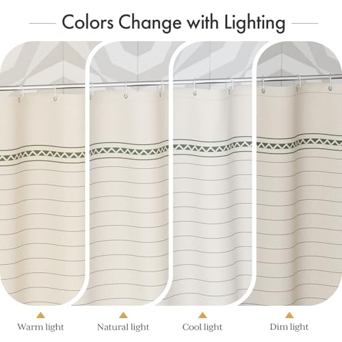 AmazerBath Boho Shower Curtain, Modern Farmhouse Shower Curtain Set with Tassels, Rustic Faux Linen Green Striped Shower Curtain with Hooks, Light Tan Toned, 72x72 Inches - Image 7