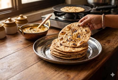 Image of Stainless Steel Chapati Basket & Bhakhri Dish, Heavy Duty Roti Serving Plate for Chapati, Bhakri, Khakhra, Naan, Paratha Puri, Rust-Resistant Indian Bread Serving Tray for Home, Kitchen & Dining Table