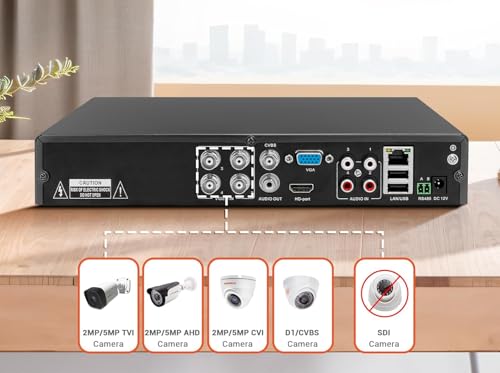 TIGERSECU Super HD 1080P 4 Channel DVR Security Recorder with 2TB Hard Drive, Hybrid 6-in-1 CCTV DVR Recorder Compatible with 2MP and 5MP TVI, AHD, CVI, Analog, RS485 PTZ and IP Cameras