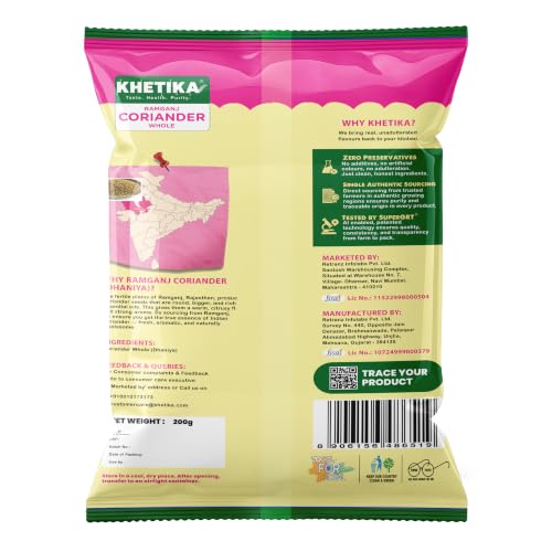 Image of Khetika Whole Coriander 200 gm, Dhaniya whole, Coriander Seeds 100% Pure, Mineral Rich, Preservatives Free, Naturale | Sabhut Dhaniya, 100% Pure, Mineral Rich, Preservatives Free