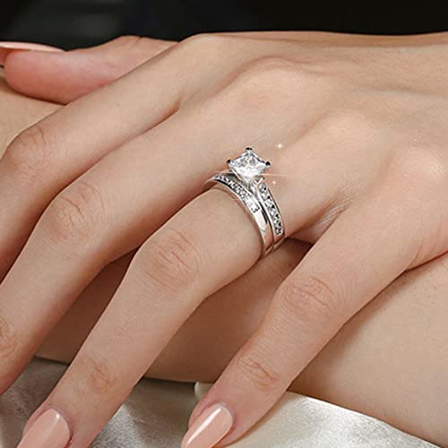 2Pcs Square Zircon Engagement Ring Set Bride Wedding Band Anniversary Ring for Women Exquisite Jewelry (Silver, 6)2