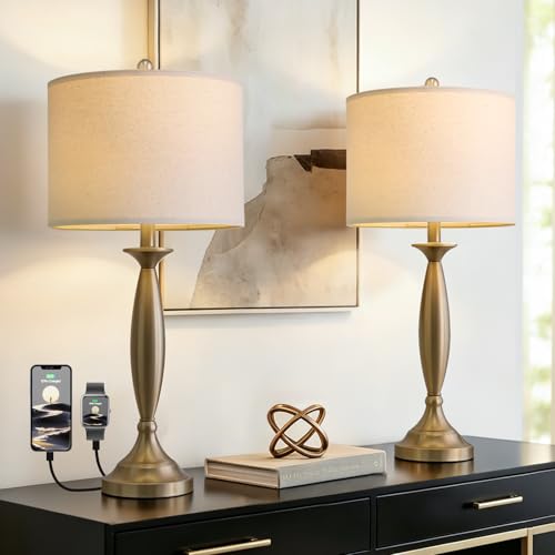 Oneach 28" Warm Gold Table Lamps Set of 2, Modern Bedside Lamps with USB Ports, Tall Nightstand Lamps for Living Room Bedroom End Table Home Office