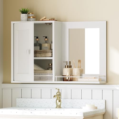 YATINEY Medicine Cabinet Mirror, Bathroom Medicine Cabinet with Mirror, Wall Mounted Home Storage, Bathroom Wall Cabinet, Adjustable Shelf, for Laundry Room, Bedroom, Hallway, White