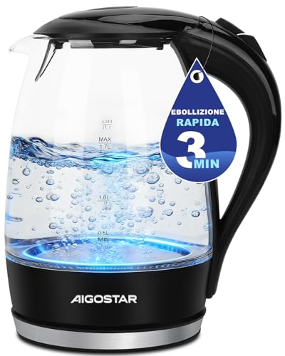 Aigostar Adam - Bollitore Acqua Elettrico in Vetro Borosilicato con LED, 1,7 litri, 2200W, Spegnimento Automatico, Filtro Anticalcare, Base di rotazione a 360° in Acciaio Inox, Teiera Senza BPA Nero