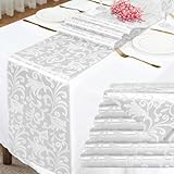 Eychei 6 Pack White Satin Table Runner 12 x 108 Inch Long, Bright Smooth Damask Table Runner, Silky Jacquard Dinner Table Runner Decorations for Weddings, Banquet, Birthday Parties, Graduations