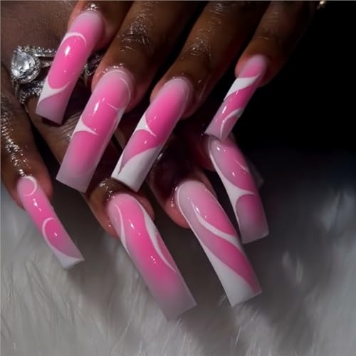 SEENEEY Curved Press on Nails Long Fake Nails Pink Artificial Nail Stick on Nail for Women 20pcs