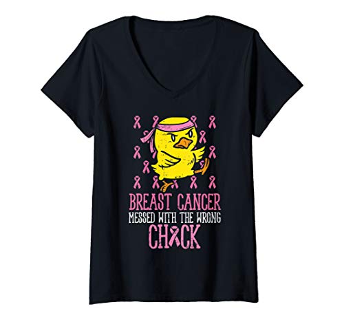 Damen Breast Cancer Messed With Wrong Chick Cute Awareness Gift T-Shirt mit V-Ausschnitt