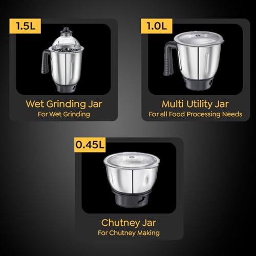 Image of Prestige Endura 1000W Mixer Grinder with Ball Bearing Technology|Stainless Steel 3 Jars with Flow breakers|Overload protection|Black & Silver