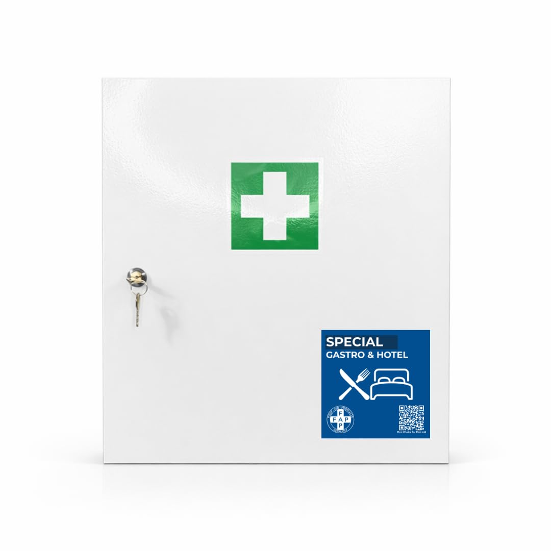 First Aid Products Gastro Erste Hilfe Verbandschrank mit Dichtung DIN 13157 Gefüllt - Detect-Pflaster HACCP & Burngel für Küche Restaurant Hotel Gastronomie - Wandmontage - 48,5 x 40 x 20 cm - Weiß