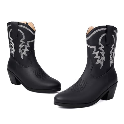 Women's Western Cowboy Boots Embroidered Mid-Calf Round Toe Cowgirl Boot Accommodate Both Regular and Wide Calf Plus Size