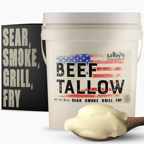 LeRoy’s Rocky Mountain Beef Tallow – 7 Pound Tub – 100% Pure Rendered Beef Fat for Cooking,...