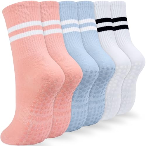KOOOGEAR 3 pares de calcetines de yoga antideslizantes para mujer, calcetines de pilates para mujer, calcetines de agarre largo para barra, ballet, baile, hospital, baile, fitness, hogar,