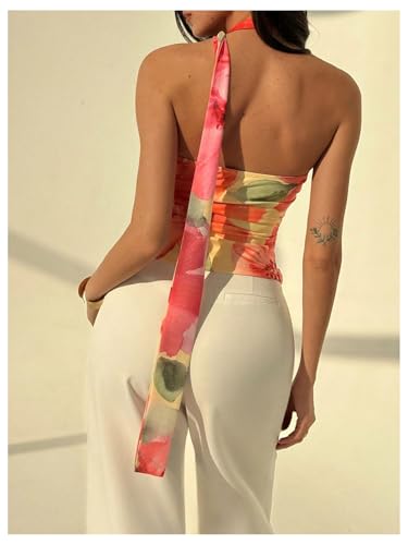 Women's Floral Tie Dye Strapless Tube Top Sleeveless Y2K Bandeau Tops with Scarf2