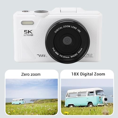 Fotocamera Digitale 5k, Fotocamera Vlogging da 75 MP, con Zoom 18x, Schermo di Lancio da 3 Pollici, Telecamera Compatta HD, per Fotografia di Viaggio (WHITE)