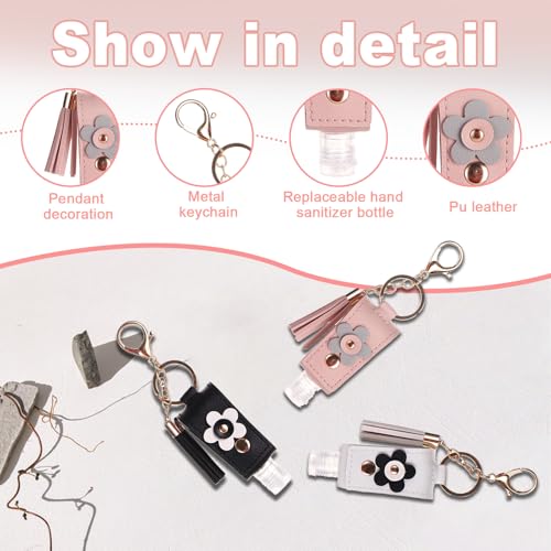 Image of 3 Pieces Small Hand Sanitizer Keychain, 30ml Portable Leather Hand Sanitizer Holder Travel Size for Lotion Liquid Soap Shampoo (Black、White、Pink)