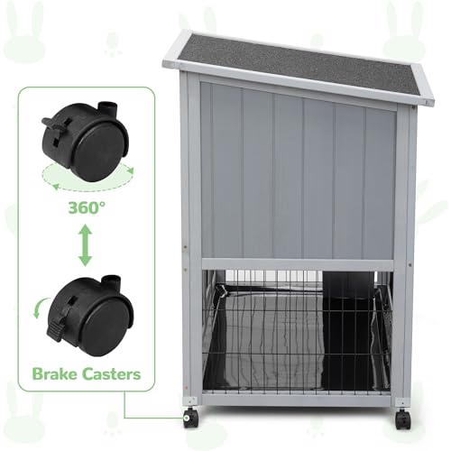 COZIWOW Rabbit Cage Indoor Outdoor, 39 Inch Rabbit Hutch 2 Story on Wheels, Wooden Bunny Hutch Guinea Pig Cage Small Animal Enclosure with 2 Removable Trays, Grey