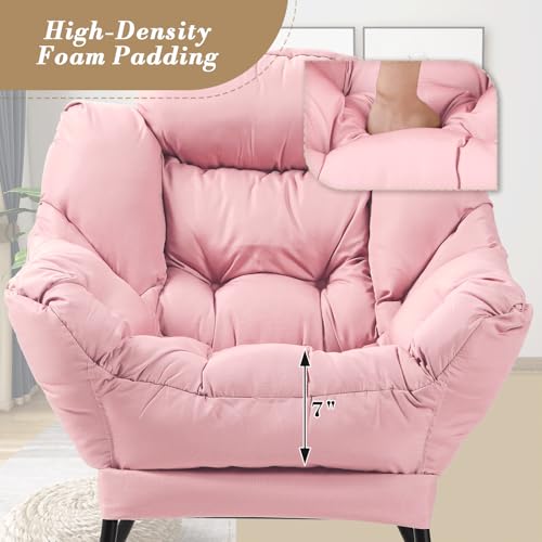 Athena Collection Lazy Lounge Chair with Ottoman, Modern Soft Reading Arm Chair for Adults, Comfy Sofa Armchair with Footrest and Side Pocket for Corner, Living Room, Bedroom, Small Space, Pink - Thumbnail 5
