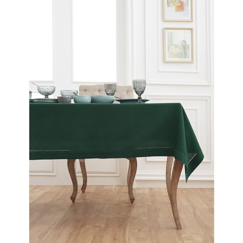 Solino Home Linen Tablecloth for Rectangle Tables 60 x 132 Inch - Classic Hemstitch 100% Pure Linen Rainforest Green Table Cloth - Machine Washable Cloth Tablecloth - Thumbnail 2