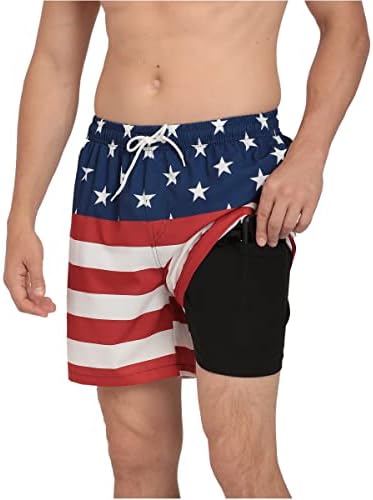 Jimlieay Mens American Flag Swimming Trunks Short Swimsuit Beach Shorts with Compression Liner Quick Dry for 4th of July