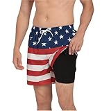 Jimlieay Mens American Flag Swimming Trunks Short Swimsuit Beach Shorts with Compression Liner Quick