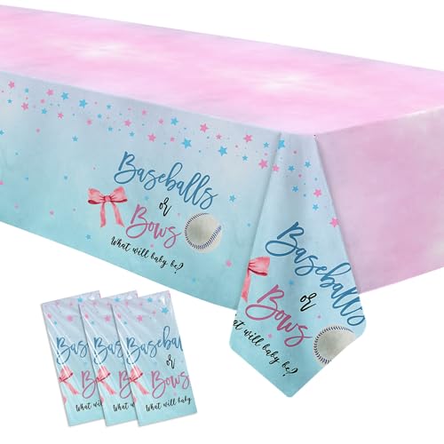 Image of Baseball or Bows Gender Reveal Decorations Tablecloth, Disposable Boy or Girl Theme Baseball Gender Reveal Party Supplies Tablecover, 3 Pack, 55in x 86in