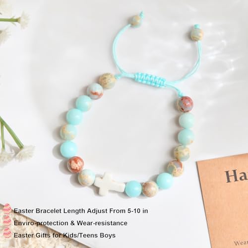 Image of Lamyba Easter Gifts for Kids /Teens /Girls, Christian Natural Stone Beaded Bracelets, Easter Basket Stuffers Essentials, Adjustable Cross Bracelets, Blue /Black