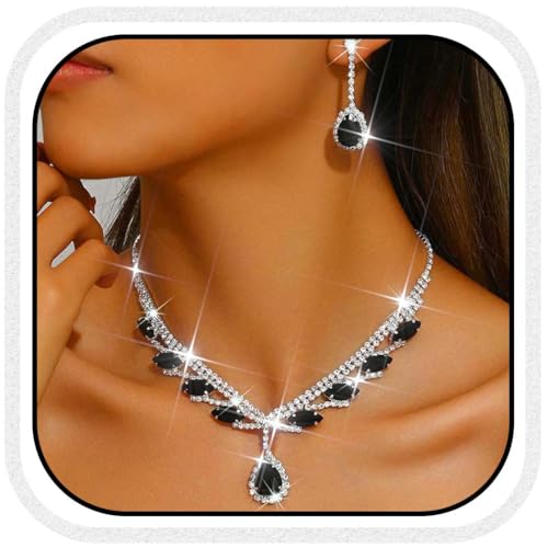 Image of Unicra Rhinestone Bridal Wedding Jewelry Set Black Necklace Earrings Sets Formal Prom Costume Jewelry Sets for Women and Brides (Black)