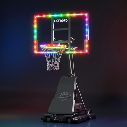 Image of Cofiyard LED Light 54inch Basketball Hoop with Extra Sandbag,5.25-10FT Height Portable Basketball Hoop,Adjustable Basketball Goal System