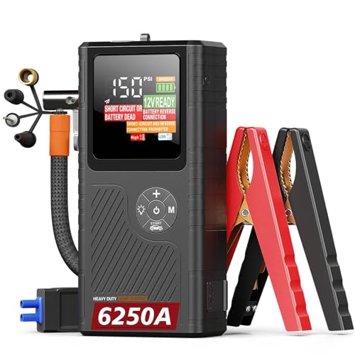6250A Jump Starter with Air Compressor, Car Battery Jump Starter with Boost for Up to 13L Gas/10L Diesel, 150PSI Tire Inflator with Auto Shutoff, Smart LED Screen, Portable Jump Box, 48-Month Standby