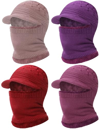 Tivi Tovo 4 Pcs Women Knitted Beanie Hats 4 in 1 Winter All-in-one Hat with Brim Warm Lined Mask Scarf Thermal Caps Soft Windproof Face Ear Protection Balaclavas for Cold Weather Run Ski Cycle Sports