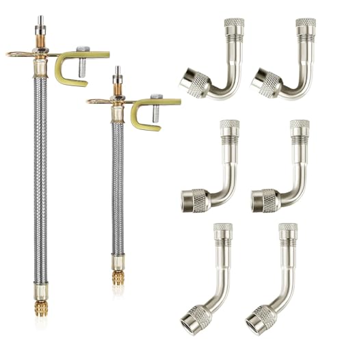 Image of 8 Pieces Tire Valve Extension, 2 Pieces Dual Tire Valve Extension Valve Stem Installation Tool with 6Pcs 45 90 135 Degree Brass Valve Stem Extender Tire for RV Bike Motorcycle Car (7.1 in, 11.8 in)