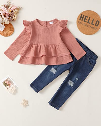 Image of Baby Girl Clothes Toddler Girls Winter Outfits Infant Clothing Ruffle Top Denim Pants Jeans Cute Fall Outfit Set