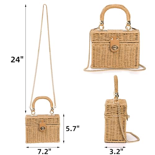 Square Straw Handbag, Vintage Women's Wicker Basket Bag, Handmade Rattan Crossbody Bag, Boho Tote Bag with Detachable Shoulder Strap for Summer Beach Casual Vacation Chic2